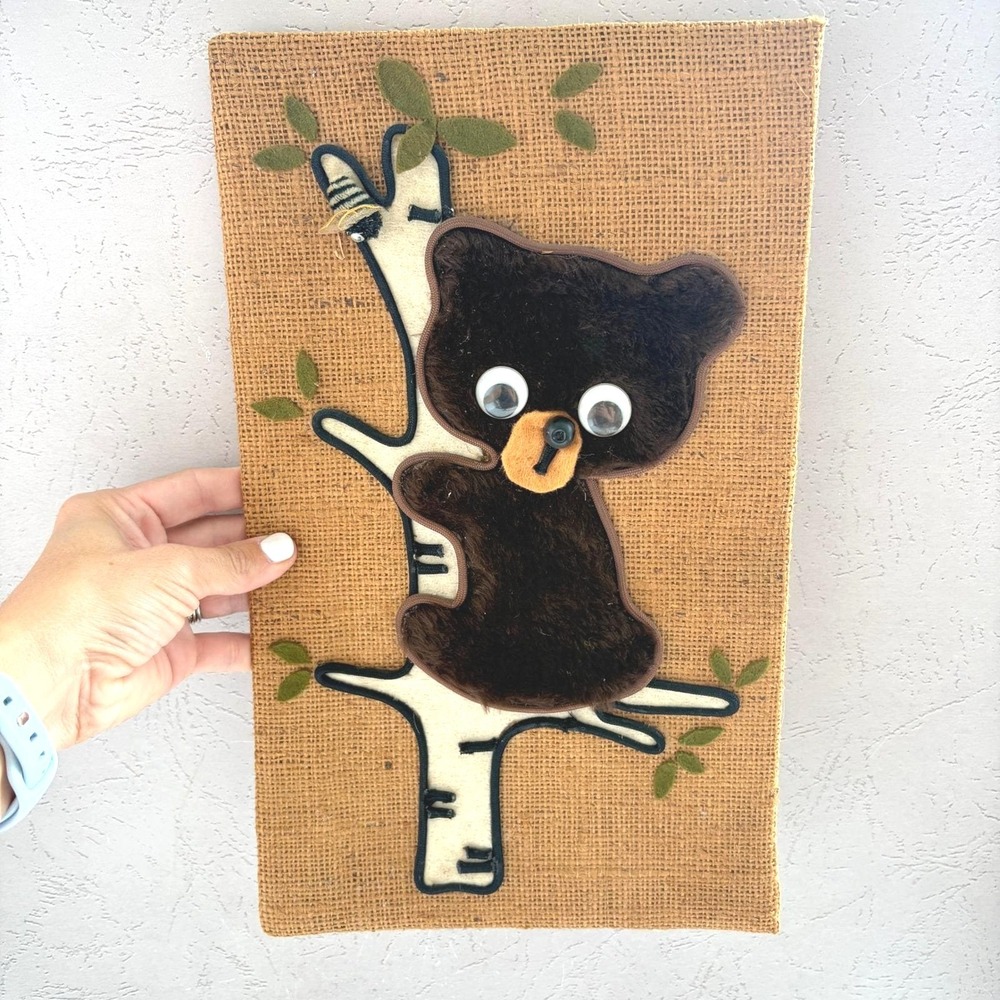 Vintage Handmade Burlap Wall Hanging Fuzzy Bear Birch Tree Googly Eyes 70s Art